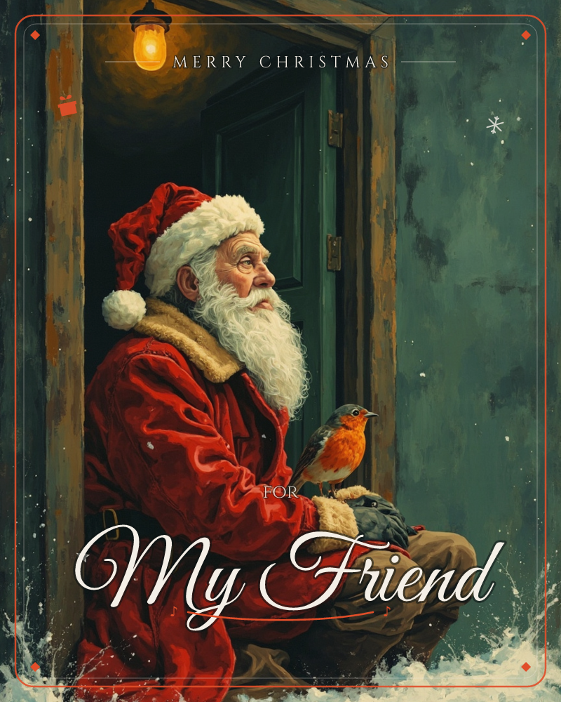 Santa kneels in an open doorway, warm bulb glowing above him, as a robin perches on his glove in the falling snow, a christmas e-card design
