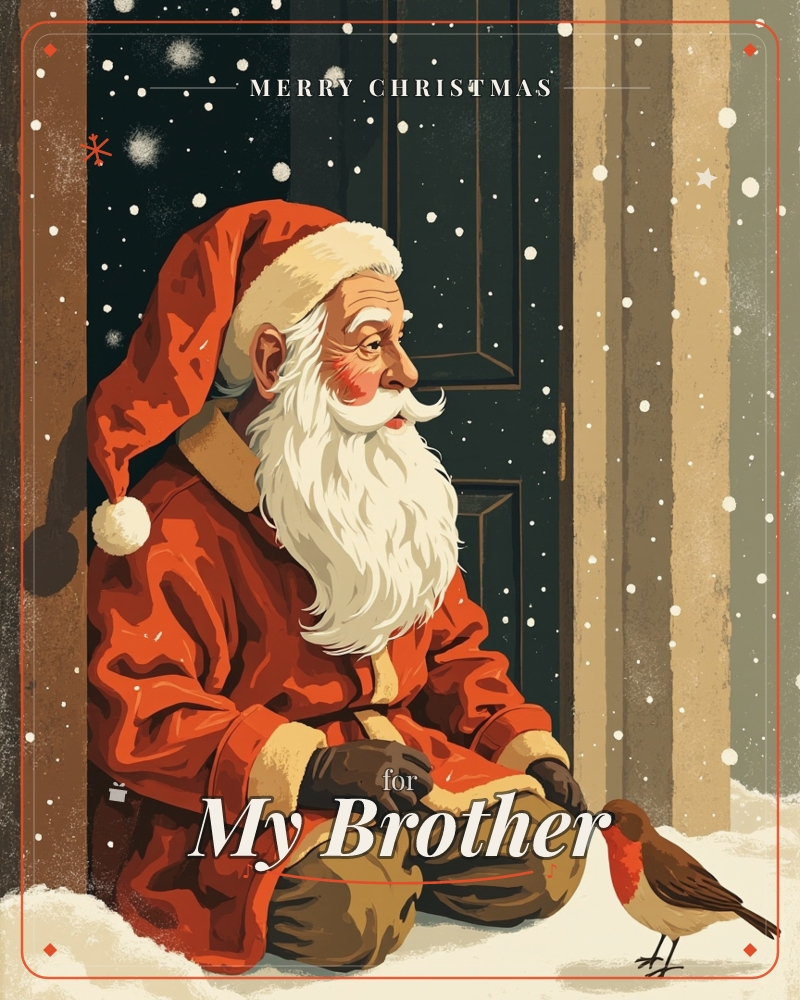 Santa kneels quietly in the falling snow beside a dark doorway, his red coat and white beard catching the last warm light as he faces a small robin…, a christmas e-card design