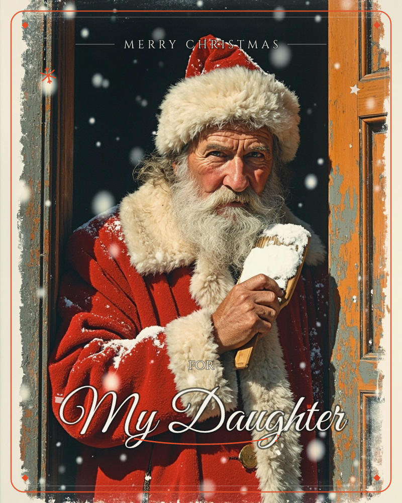 A weathered old man in a red fur-trimmed coat and cap stands in a worn wooden doorway, holding a snow-covered brush as if he's just come in from the cold, a christmas e-card design