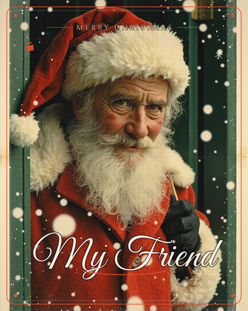 A man dressed as Santa Claus peers around a dark green door, his red coat and fur-trimmed cap bright against the wood, a christmas e-card design