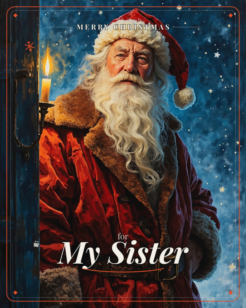 A weathered Santa in a fur-trimmed red coat stands in an open doorway, lit by a single flickering candle in a wall sconce, a christmas e-card design