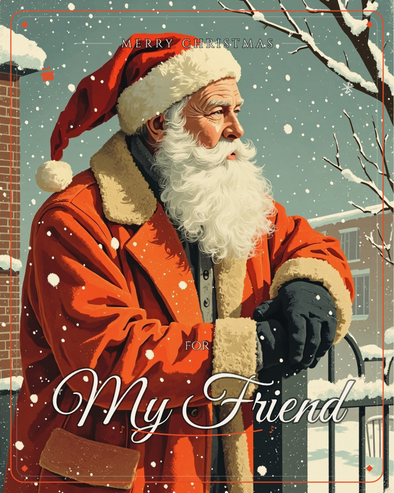 Santa Claus stands close by a snow-topped iron gate, leaning on a cane with a gloved hand as snowflakes drift past his fur-trimmed red coat and hat, a christmas e-card design
