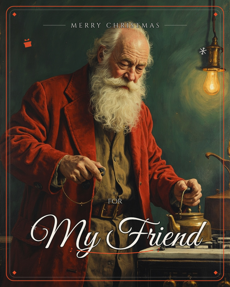 An older man with a long white beard and red velvet coat stands over a stovetop, lifting a battered brass kettle by its handle while a small chain of…, a christmas e-card design