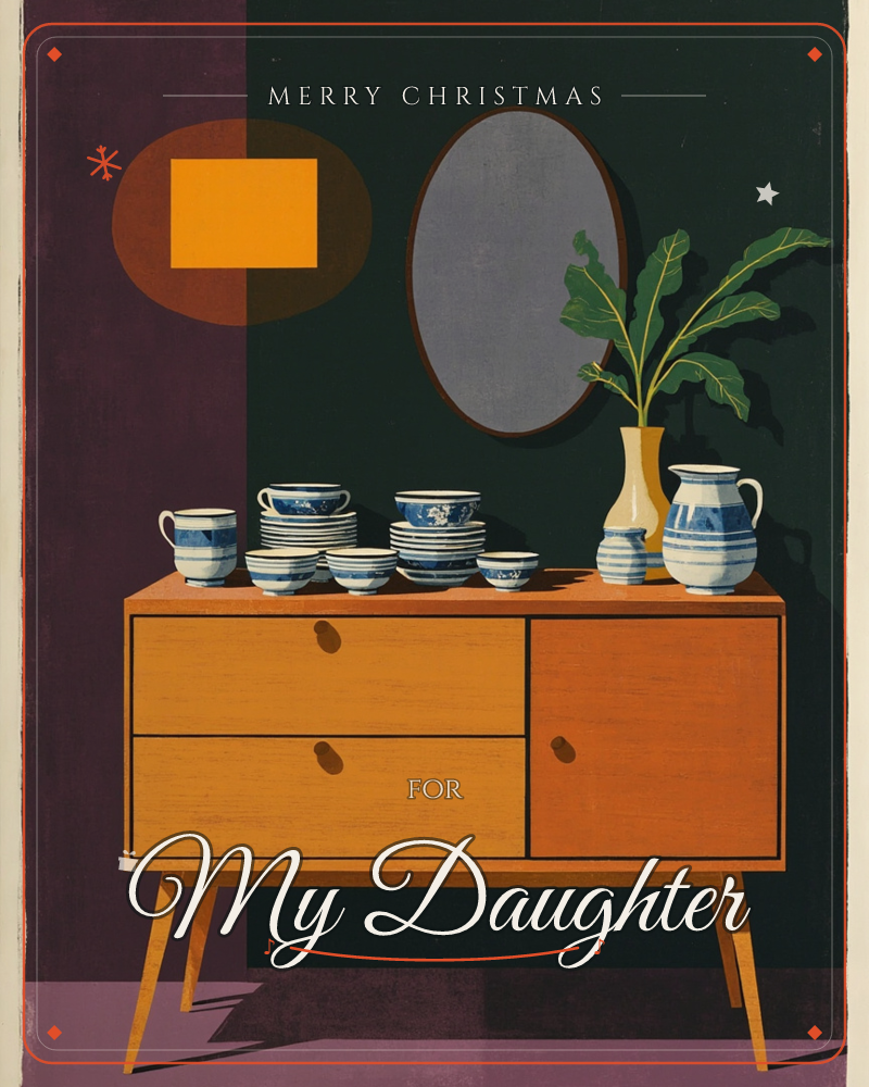 A mid-century wooden sideboard stands against a two-tone plum and dark green wall, topped with stacked blue-and-white china cups, saucers and a striped…, a christmas e-card design