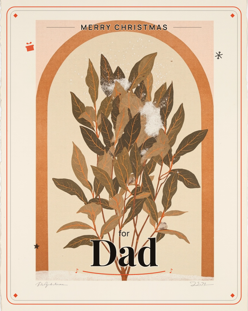 A leafy branch with rust-orange stems and layered olive and brown leaves stands within a rounded terracotta arch, set against a soft blush-pink and…, a christmas e-card design