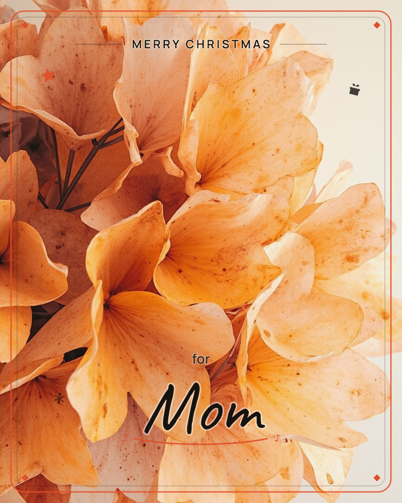 A close-up photograph of a dried hydrangea head, its papery petals faded to warm apricot and rust with freckled speckling across each bloom, a christmas e-card design