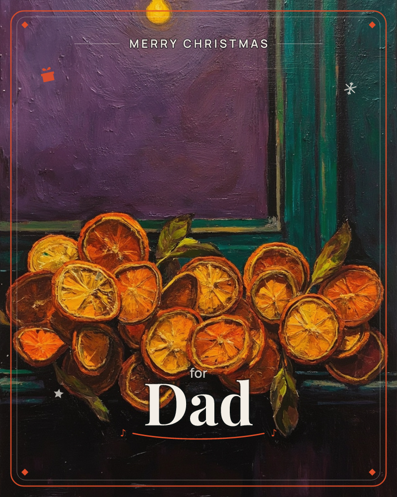 A windowsill is piled with sliced oranges and lemons, their cut faces glowing like little suns against a teal-green frame, a christmas e-card design