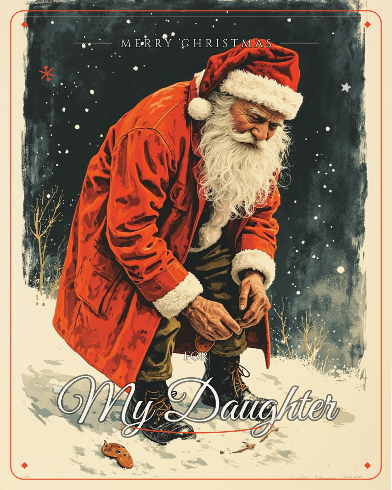 Santa Claus bends over in the snow at night, lacing up his black boots beneath a starry navy sky, his long white beard catching the faint light, a christmas e-card design
