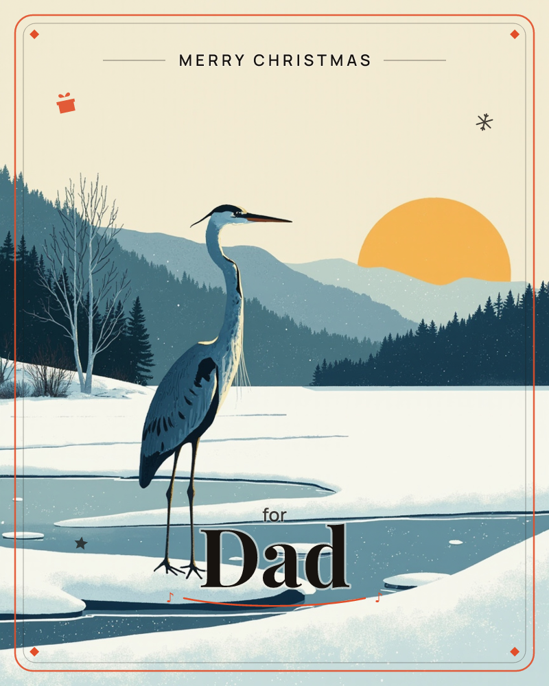 A great blue heron stands on a snowy ledge beside a half-frozen lake, its long neck curved and beak pointed skyward, a christmas e-card design