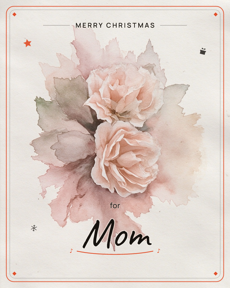 Two full-blown peach roses sit close together on a soft cream page, their petals rendered in layered watercolour washes that bleed outward into a…, a christmas e-card design