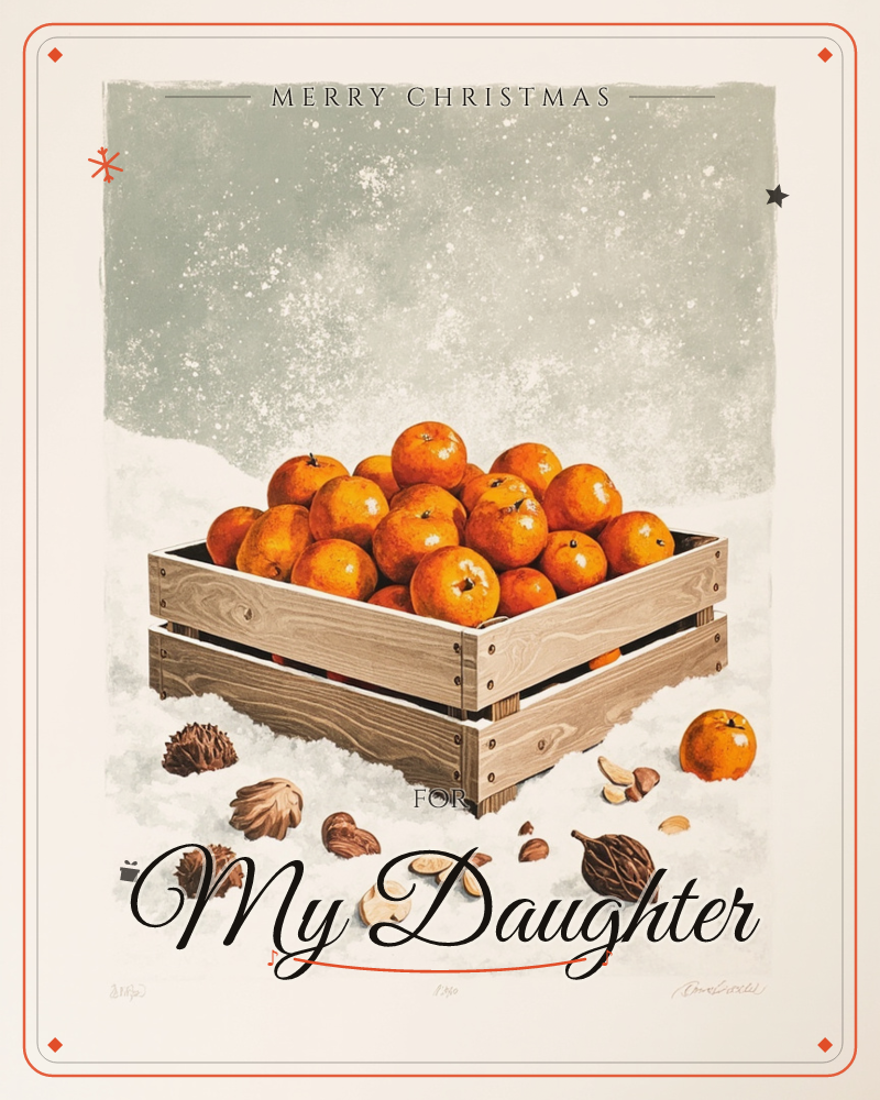 A wooden crate brims with glossy oranges, sitting in drifted snow against a speckled sage-grey sky, a christmas e-card design