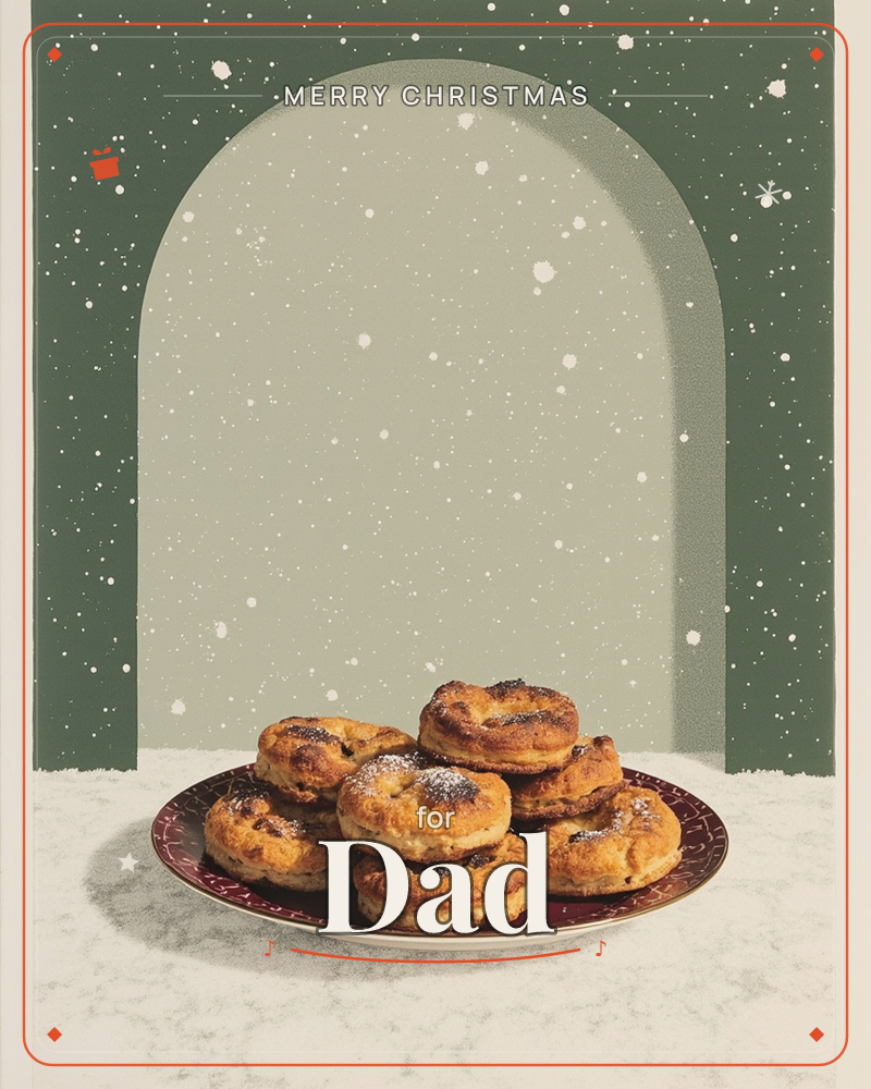 A plate piled with golden, jam-filled pastries dusted with icing sugar sits on a pale marble surface, framed by a tall green archway speckled with…, a christmas e-card design
