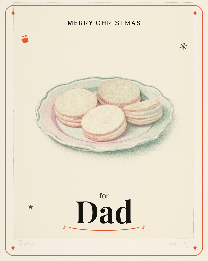 A small scalloped-edge plate holds four round sandwich cookies with pale pink filling, drawn in soft stippled shading against a plain cream background, a christmas e-card design