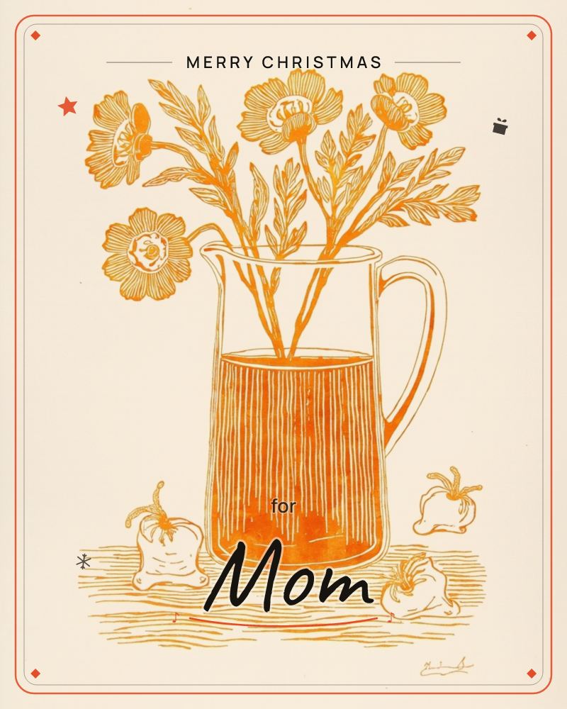 A single-colour print shows a glass pitcher filled with orange liquid and five long-stemmed flowers, standing on a wooden surface scattered with three…, a christmas e-card design