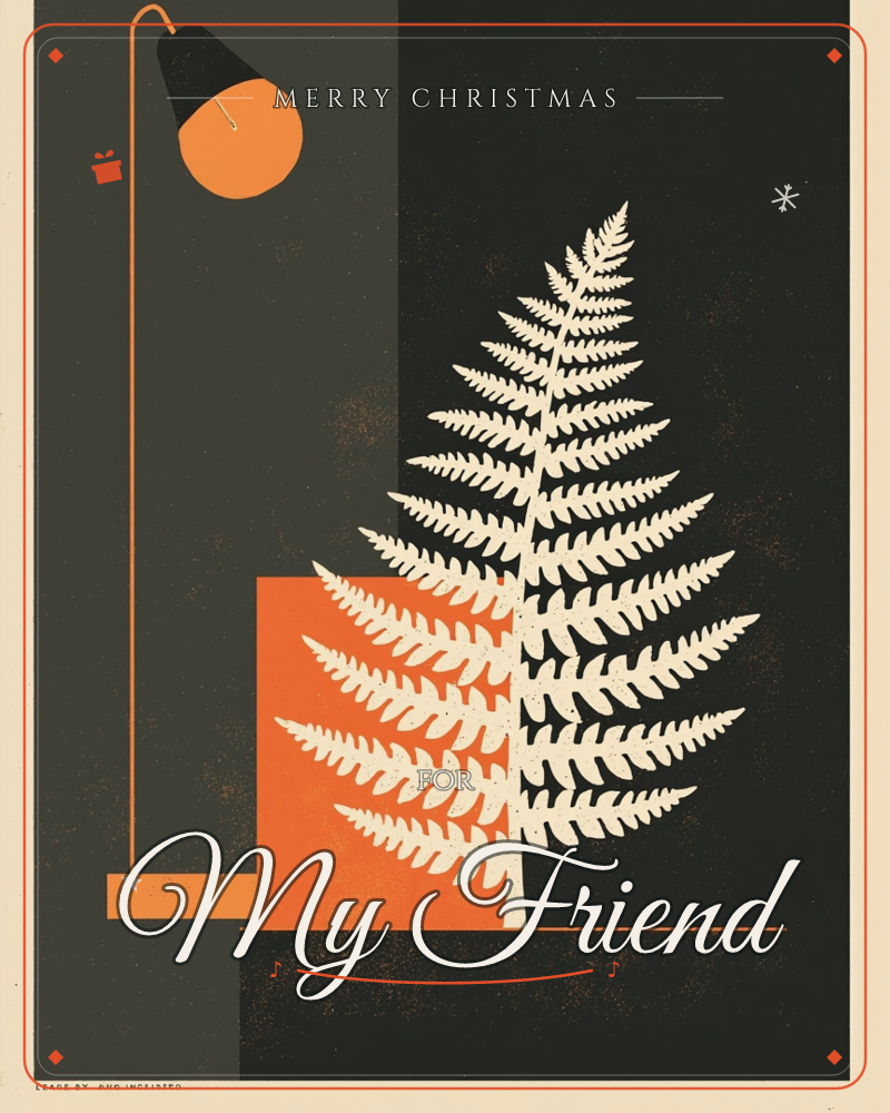 A retro-styled print shows a tall arched floor lamp glowing over an oversized fern leaf that splits across a dark charcoal wall and a bright orange…, a christmas e-card design