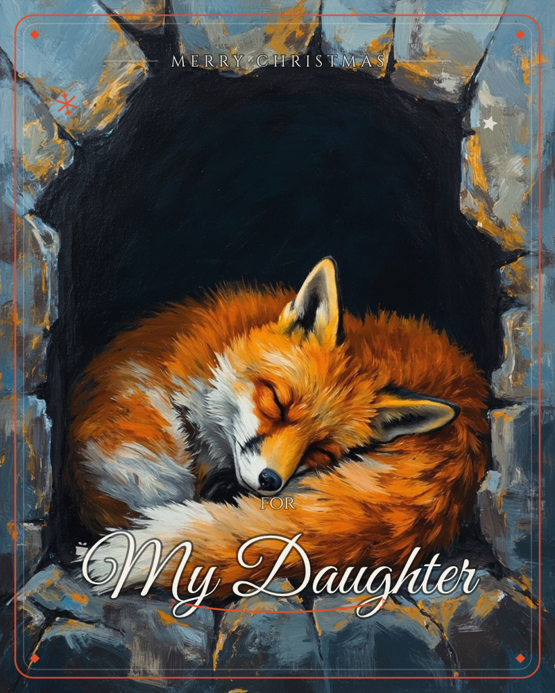 A red fox curls into a tight, sleeping ball inside the dark mouth of a stone den, its bushy tail wrapped around its nose, a christmas e-card design