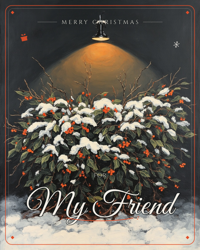 A snow-capped holly bush glows under a single street lamp against a deep charcoal night, a christmas e-card design