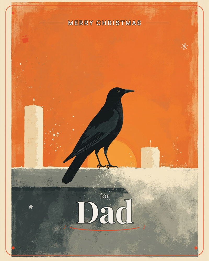 A black crow perches on a stone ledge between two pale candles, silhouetted against a deep orange sky with a glowing sun sinking behind it, a christmas e-card design