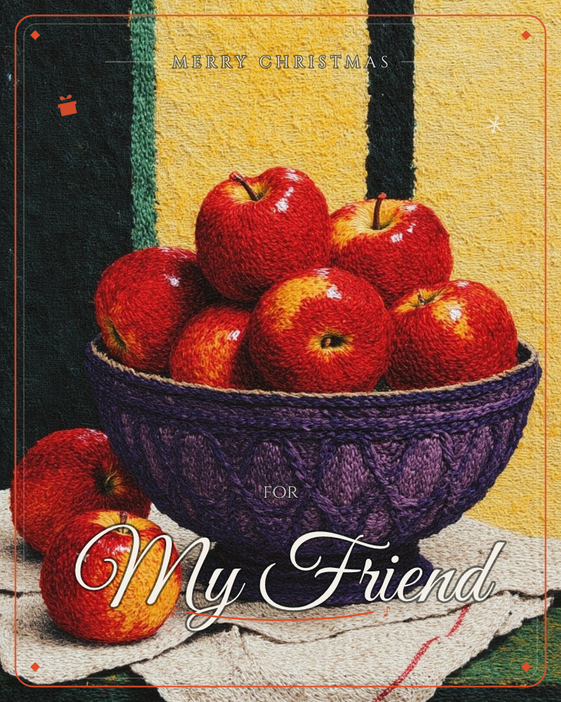 A textured still life shows a deep purple carved bowl heaped with glossy red apples, two more resting beside it on a linen cloth with a red stripe, a christmas e-card design