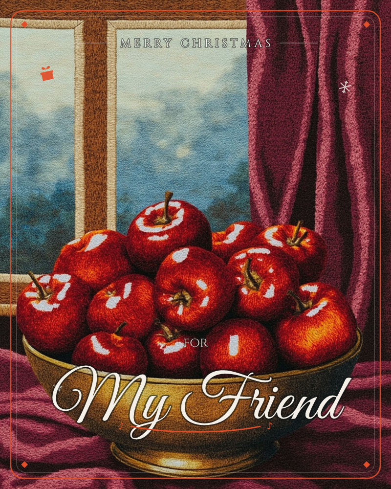 A brass bowl overflows with glossy red apples, set on a burgundy cloth before a window framed by heavy wine-coloured drapery, a christmas e-card design