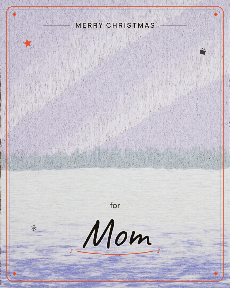 A hushed winter landscape rendered in fine linear strokes, with a snow-covered field stretching to a low tree line and a pale lavender sky streaked…, a christmas e-card design