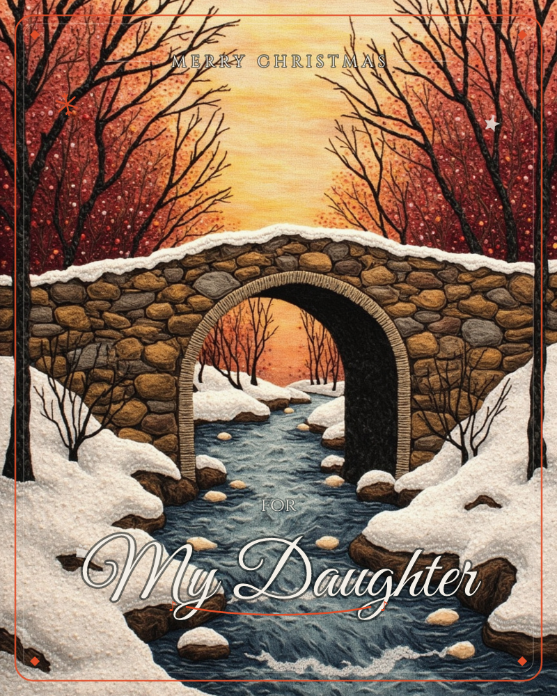 A weathered stone footbridge arches over a snow-fringed stream, its dark tunnel opening onto a glowing amber horizon, a christmas e-card design