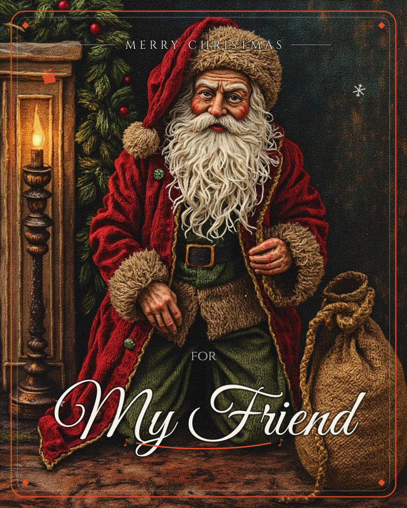 A traditional Santa figure kneels on a stone floor beside a burlap sack, dressed in a fur-trimmed red robe and green trousers, a christmas e-card design