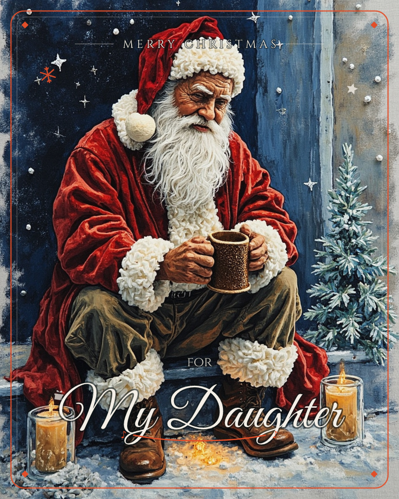 Santa sits on a snowy windowsill at night, cradling a worn mug in his weathered hands, his long white beard catching the candlelight below, a christmas e-card design