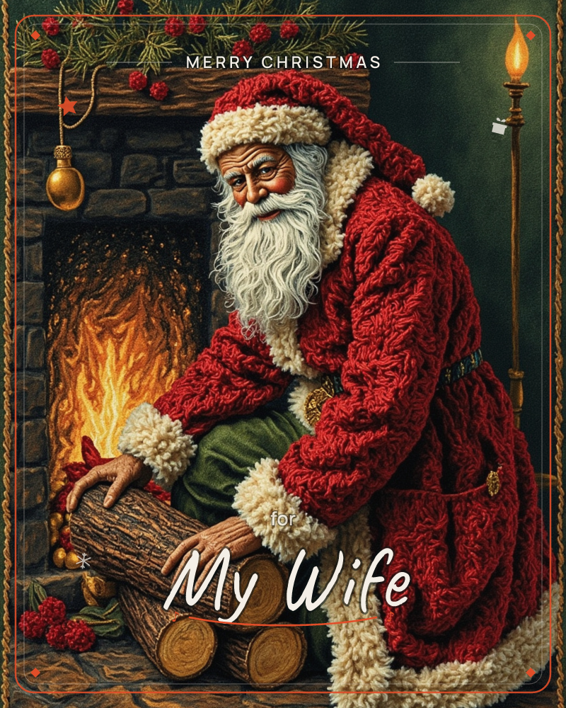 Santa kneels beside a stone hearth, stacking logs onto a crackling fire, his heavy red coat trimmed with cream fur catching the glow, a christmas e-card design