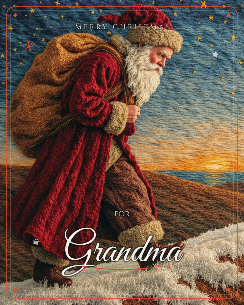Santa Claus, rendered as if knitted from thick wool and felt, trudges across a hillside at dawn with a bulging sack slung over his shoulder, a christmas e-card design