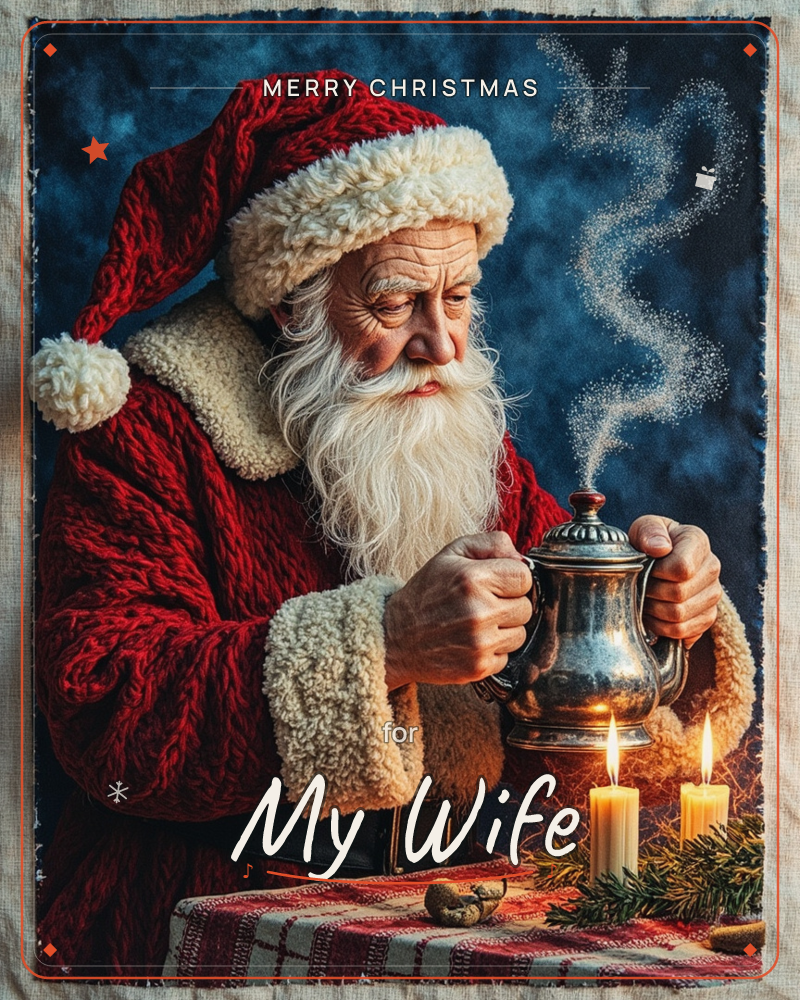 Santa Claus sits at a candlelit table, holding a steaming silver teapot with both hands as wisps of steam curl into the dark blue night behind him, a christmas e-card design