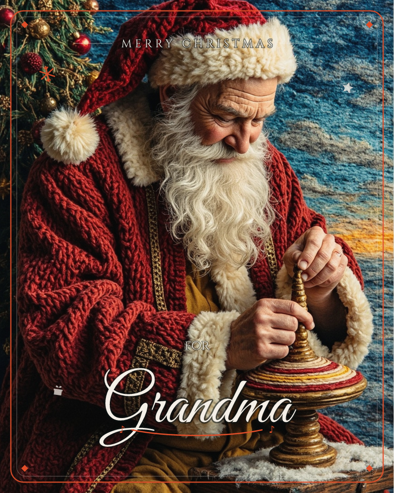 Santa Claus, in a chunky knitted red coat trimmed with cream fur, leans close over a small ornate spinning top he is winding by hand, a decorated tree…, a christmas e-card design