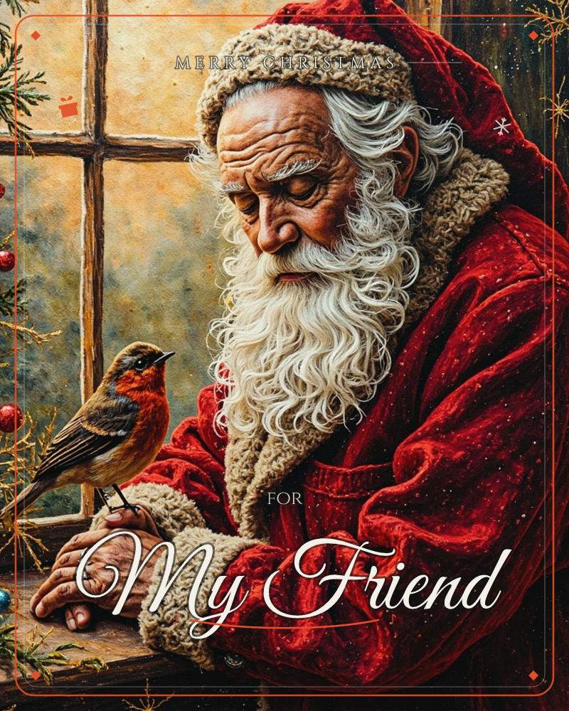 Santa Claus, in a fur-trimmed red velvet coat and cap, leans over a wooden windowsill gazing gently down at a small robin perched on his hand, a christmas e-card design