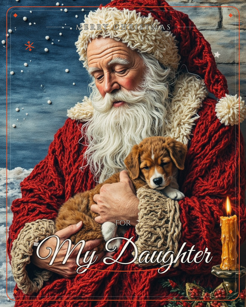 Santa, rendered with a richly knitted red robe and cream fur trim, cradles a small brown-and-white puppy against his chest, gazing down at it tenderly, a christmas e-card design