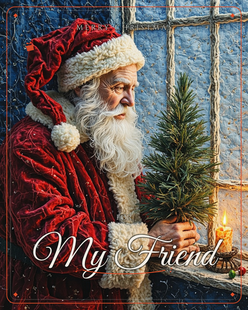 Santa Claus stands at a frosted windowsill in his red velvet coat and cream trim, gazing thoughtfully at a small potted fir tree he holds in both hands, a christmas e-card design