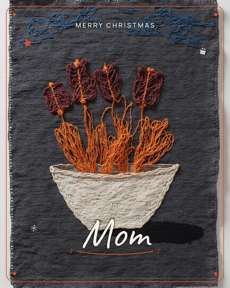 A textile illustration on charcoal fabric shows four dark burgundy tulip-like blooms rising from a woven cream bowl, their orange thread stems tangled…, a christmas e-card design