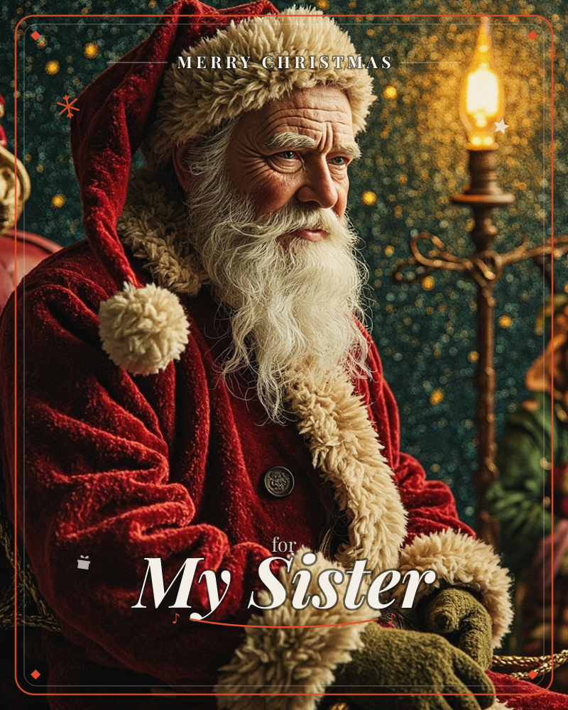 A close-up portrait of a man dressed as Santa Claus, his long white beard and fur-trimmed red velvet coat lit warmly beside a glowing lamppost against…, a christmas e-card design