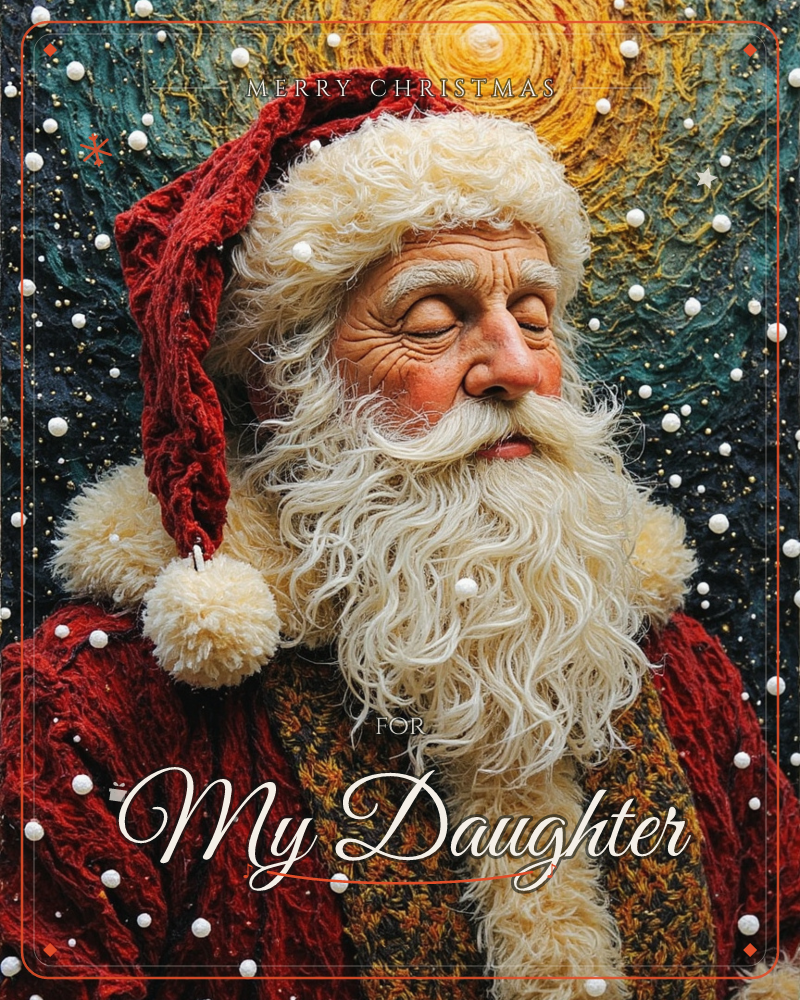 A close-up portrait of Santa Claus, eyes closed in a peaceful expression, framed by a swirling golden sun-like halo against a starry teal night sky, a christmas e-card design