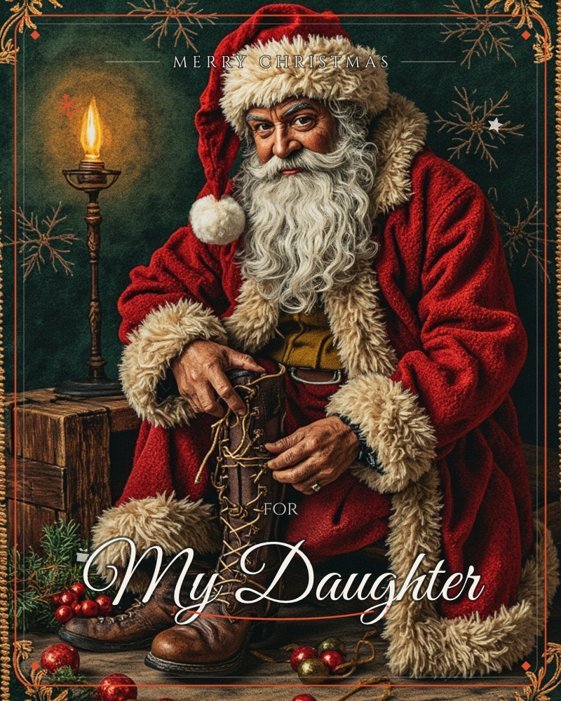 Santa Claus kneels in a dim, richly painted room, carefully lacing up his tall leather boot beside a flickering iron candle stand, a christmas e-card design