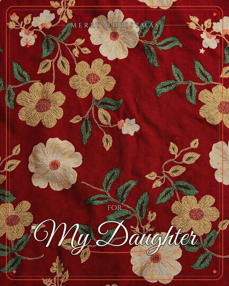 A deep crimson fabric ground is covered in embroidered flowers, their petals stitched in cream and gold thread with small rust-red centres, connected…, a christmas e-card design