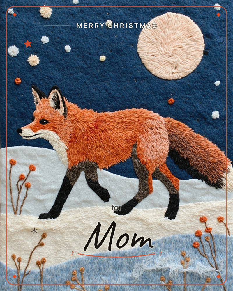 A red fox trots across a snowy ridge under a deep midnight-blue sky, its fur rendered in dense embroidered stitches that catch the light, a christmas e-card design