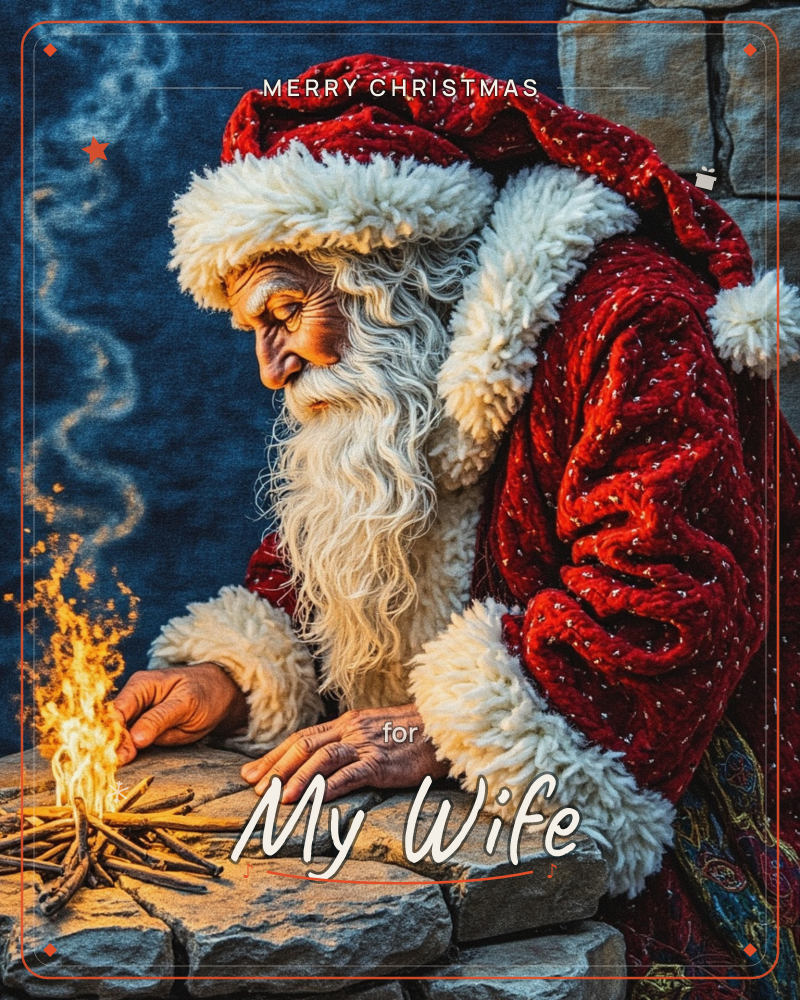 A white-bearded figure in a fur-trimmed red velvet coat leans over a stone hearth, warming his hands above a small crackling fire of bundled sticks, a christmas e-card design