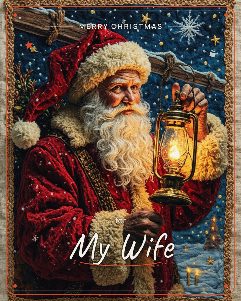 A textured, quilted-style illustration shows Santa in a plush red velvet robe with cream fur trim, holding a glowing brass lantern against a deep navy…, a christmas e-card design