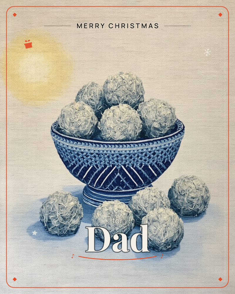 A patterned blue-and-white bowl sits on a pale linen-textured ground, filled and surrounded with woven, string-like grey spheres, while a soft golden…, a christmas e-card design
