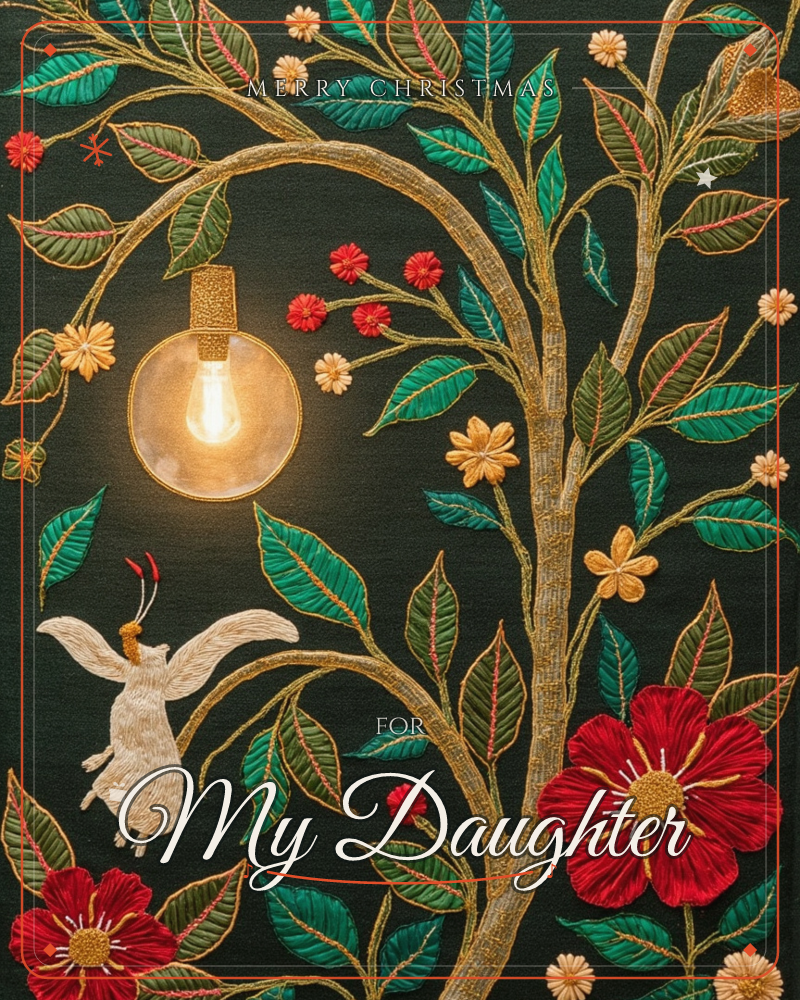 An embroidered tree spreads gold-threaded branches across a deep black fabric background, hung with a single glowing bulb like an ornament, a christmas e-card design