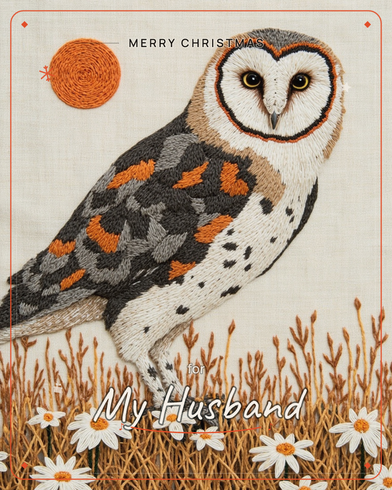An embroidered barn owl stands amid tall grasses and daisies, its heart-shaped face rendered in dense white and black stitching, with a round orange…, a christmas e-card design