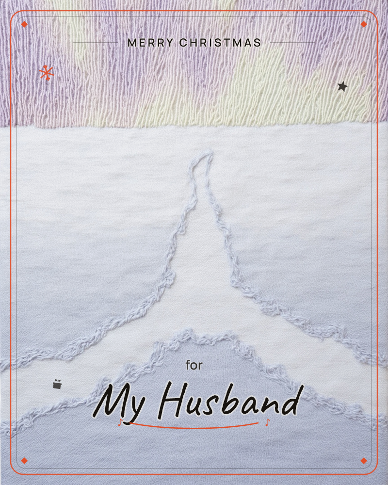 A single snow-capped peak rises against a sky stitched in fine vertical threads of lavender and pale gold, the fabric texture giving the whole card a…, a christmas e-card design