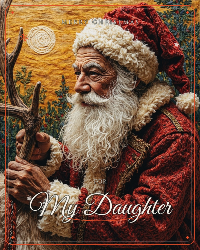A weathered figure of Santa in profile stands against a golden textured backdrop stitched with a spiral sun and dark embroidered foliage, his…, a christmas e-card design