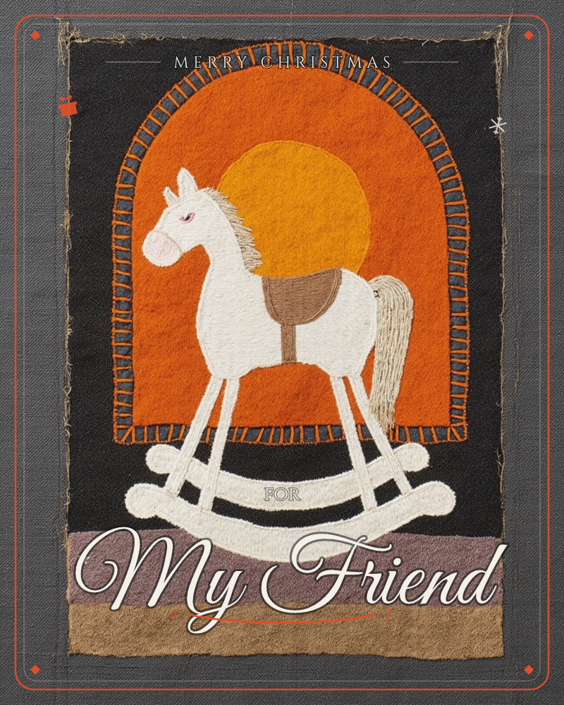 A felt-appliqué rocking horse stands in white against a burnt-orange arch, a golden sun glowing behind its mane and saddle, a christmas e-card design