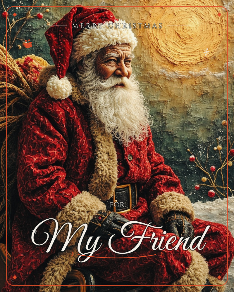 A man dressed as Santa Claus sits with a laden sack over his shoulder, his textured red coat trimmed in curly cream fur, against a mottled green wall…, a christmas e-card design